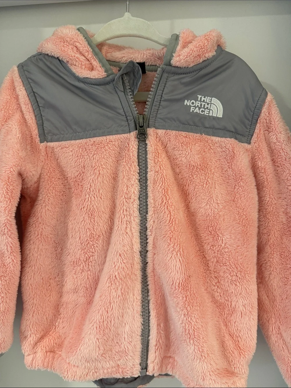 The North Face Pink Sherpa Fleece Jacket with Gray Yoke